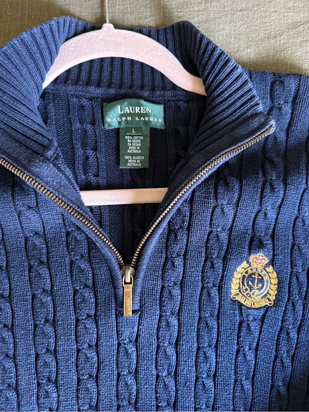 Vintage LAUREN Ralph Lauren Women’s Navy Cable-Knit Half-Zip Sweater with Crest - Picture 3 of 6